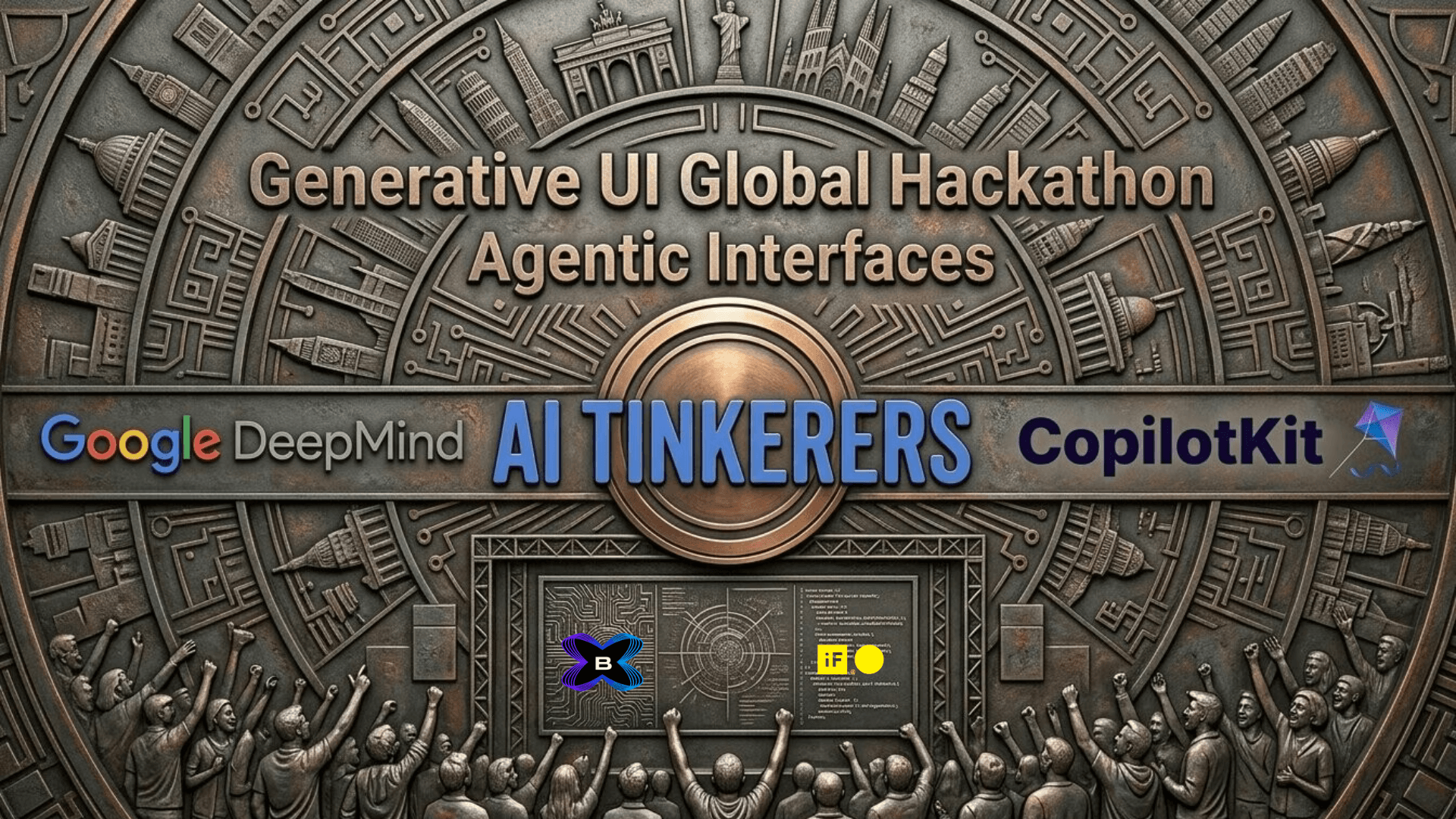 Generative UI Global Hackathon · Agentic Interfaces — banner with Google DeepMind, AI Tinkerers, CopilotKit and Bendita IA logos on a bronze backdrop with builders raising fists