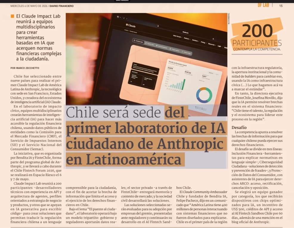 Portada de Diario Financiero DF LAB · "Chile será sede del primer laboratorio de IA ciudadano de Anthropic en Latinoamérica" · 6 de mayo 2026